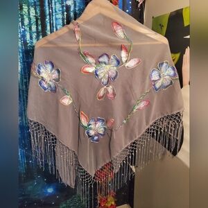 NWOT Stunning grey shawl with beaded tassels and gorgeous rainbow embroidery